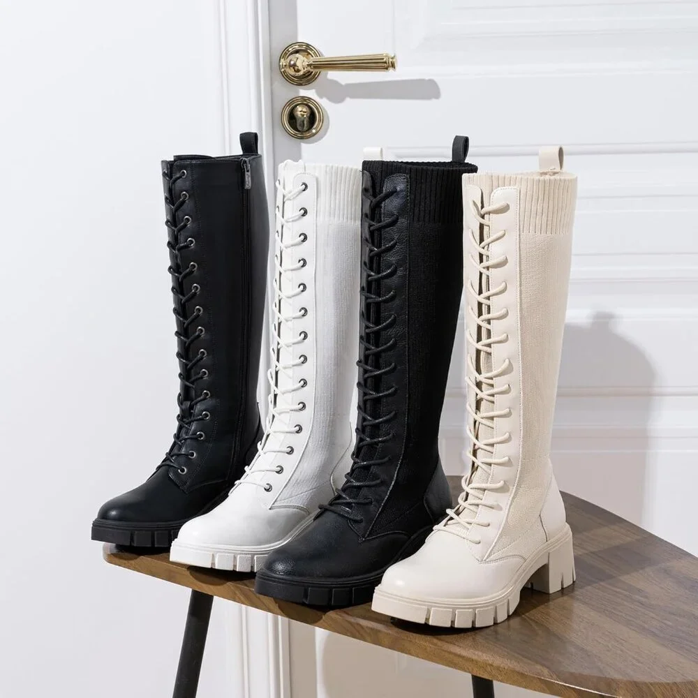 Women's Black Pu 953 Chunky Platform Heel Lace Gothic Knee High Combat Boots